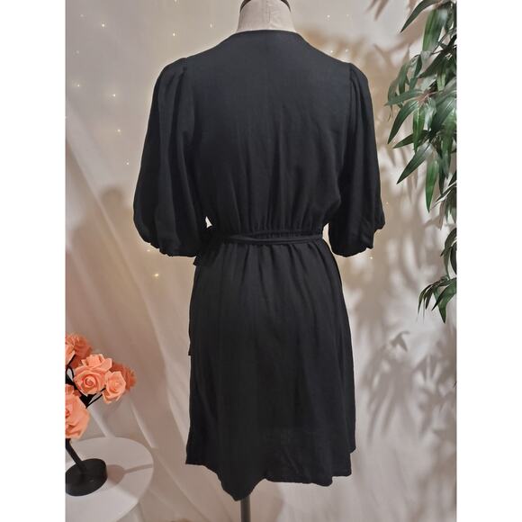 Old Navy Waist-Defined Puff-Sleeve Linen-Blend Mini Wrap Dress Size M Tall Black - Picture 5 of 10